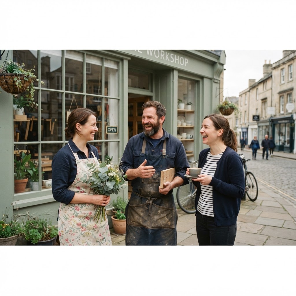 Three independent local business owners chatting together outside a workshop like trusted neighbours