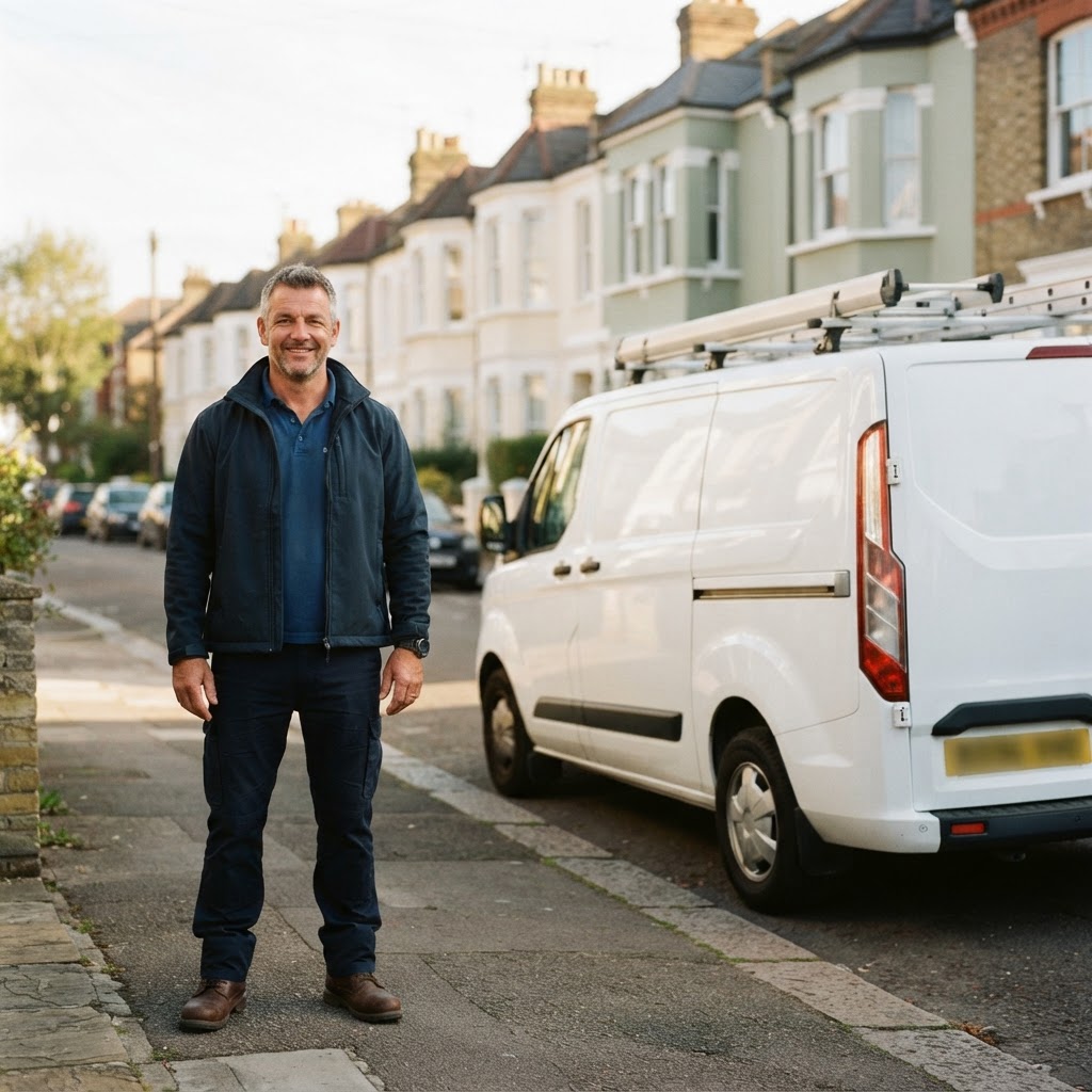 Friendly UK tradesperson in navy workwear standing beside his clean white work van on a residential street